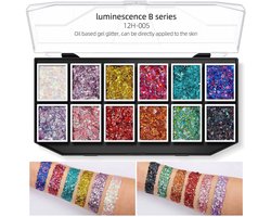Suntac 12 Kleuren Glitter Set – Chunky Festival Glitters voor Gezicht & Lichaam – Schmink-Glittergel Palet met Goud, Zilver, Groen, Roze, Rood – Voor Schmink, Kinderen & Feest-