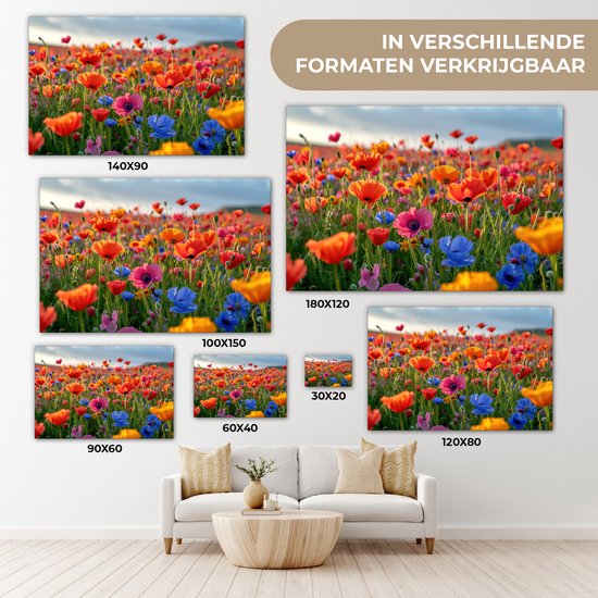 Canvas Schilderij 120x80 cm - Bloemen - Klaprozen - Kleurrijk - Natuur - Wanddecoratie woonkamer - Muurdecoratie keuken - Slaapkamer decoratie - Schilderijen - Woonaccessoires