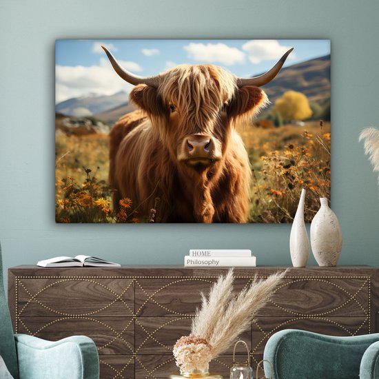 Canvas Schilderij 120x80 cm - Schotse hooglander - Dieren portret - Natuur - Dier - Wanddecoratie woonkamer - Kamer decoratie - Slaapkamer accessoires - Wanddoek binnen - Schilderijen