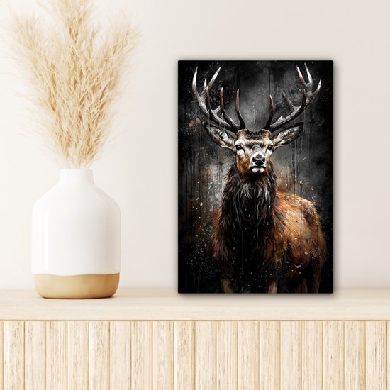 Tableau toile 20x30 cm - Cerf noir - Accessoires décoration chambre - Peintures salon tête de cerf - Décoration murale tête d'animal chambre - Décoration murale cuisine - Toile murale intérieur - Décoration maison