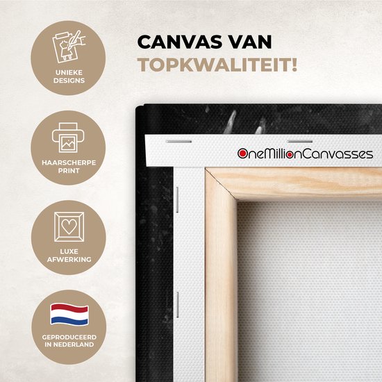 Détail de la qualité de la toile avec logo 'OneMillionCanvasses', texte sur 'Designs Uniques', 'Impression Ultra Nette', 'Finition Luxe' et 'Produit aux Pays-Bas'.