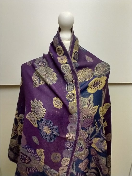 Lange dames sjaal Yvon-gebloemd motief-paars roze geel blauw wit zwart goud