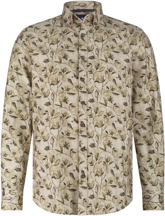 Beige overhemd met knoopsluiting en groen bladerpatroon.