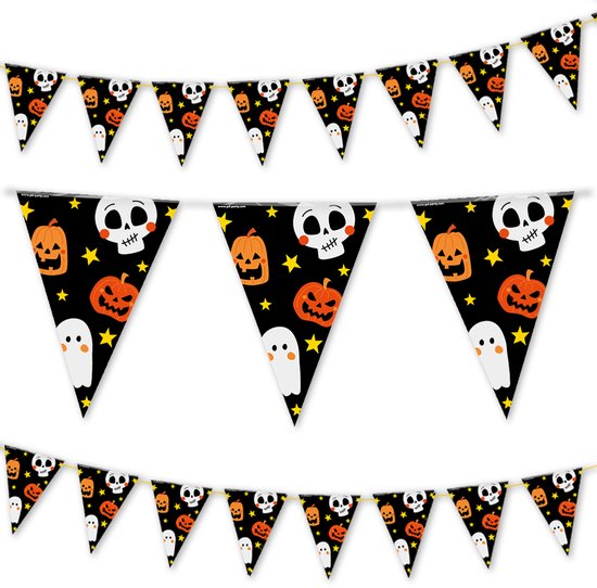 Halloween slinger met oranje pompoenen, witte schedels en spoken op een zwarte achtergrond.