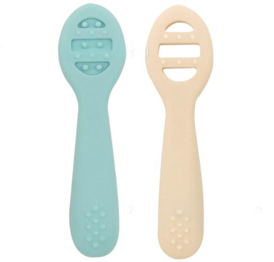 Baby Eerste Eetfase Lepel Set – 2 stuks – Groen Beige - Zelfstandig Eten – BPA-vrij Siliconen Lepels (Open & Gesloten Design)