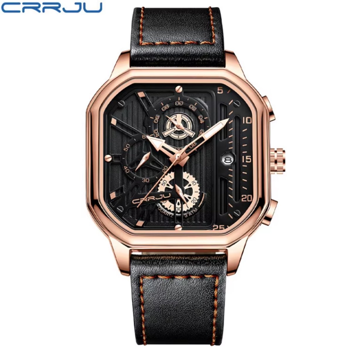 CRRJU Horloge 2302 - Zwart Rosékleurig - Heren - Vierkante Kast - Quartz - 43 mm - Lederen Band - Chronograaf - Kalender - Waterbestendig - Elegant - Luxe - Zakelijk