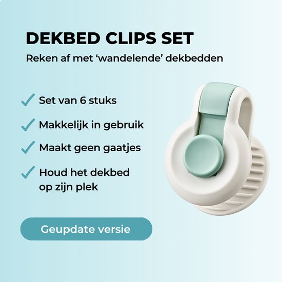 Witte en mintgroene dekbedclip. Set van 6 stuks, makkelijk in gebruik.