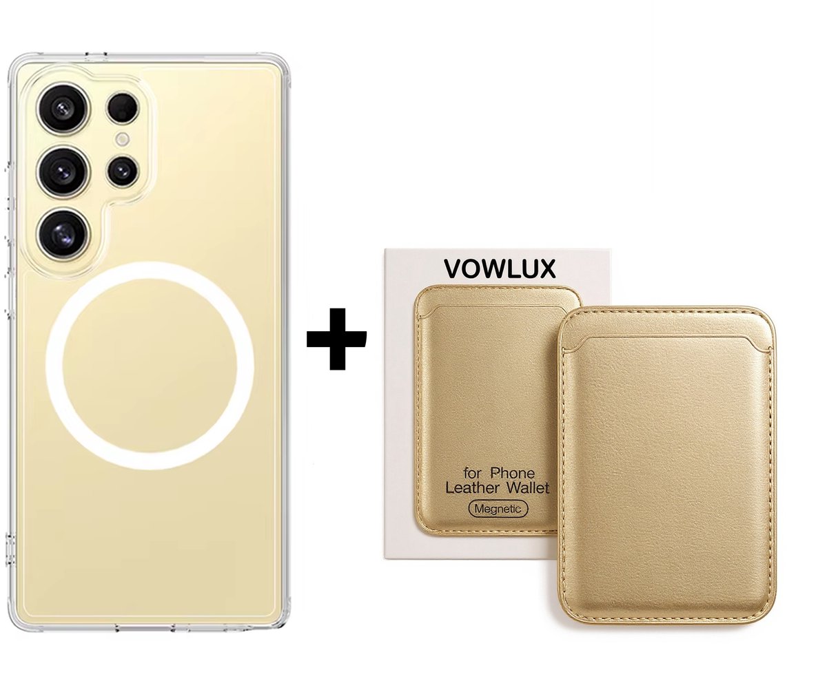 VOWLUX Compatible MagSafe Hoesje voor Samsung Galaxy S25 Ultra Transparant – Inclusief Goud Kleur Wallet Pasjeshouder – 24 Magneten – Kunstleer – 3 Kaarten – Shockproof Case