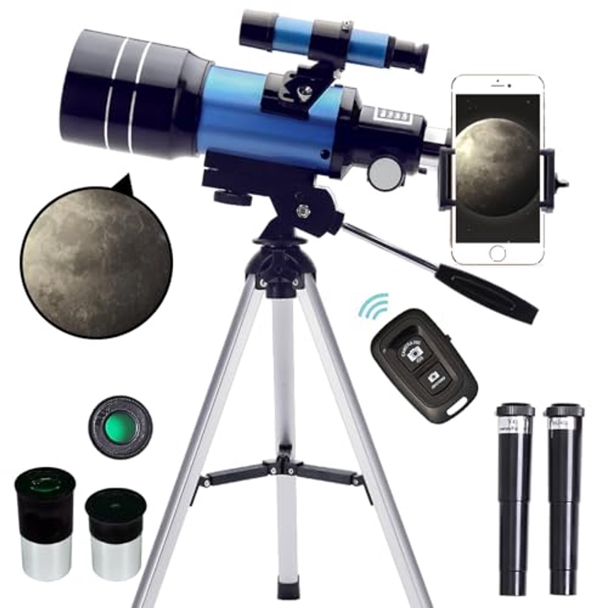 Telescoop 70 mm voor volwassenen en kinderen - Draagbare refractor reistelescoop met smartphone-adapter (15X-150X)