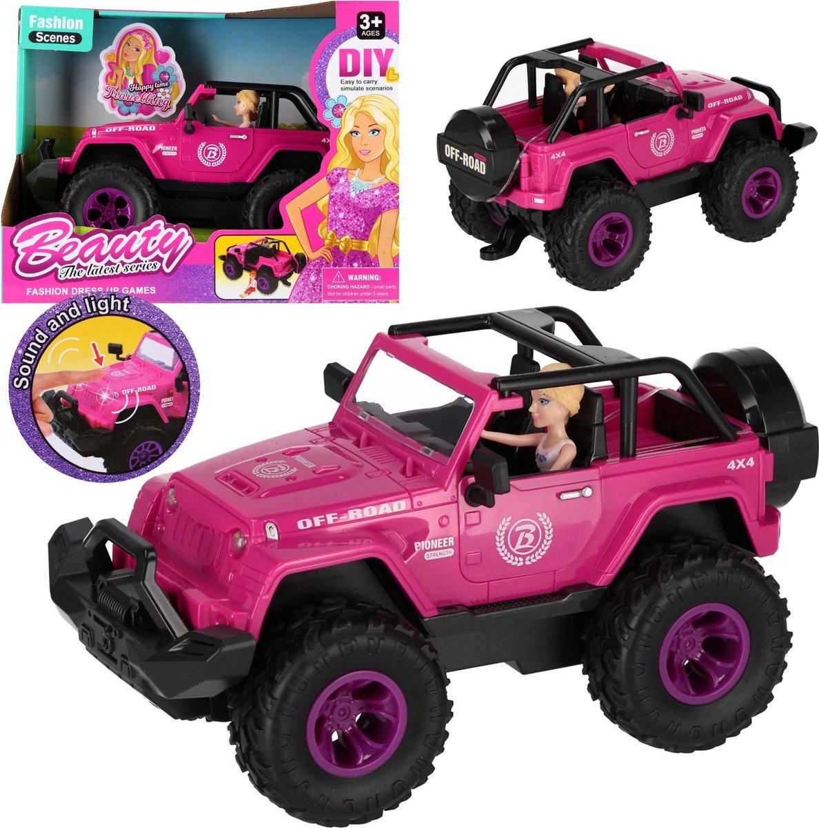 Roze speelgoedauto jeep cabriolet met pop, licht en geluid. Geschikt voor kinderen vanaf 3 jaar. Stimuleert fantasierijk rollenspel. | ZB-STORE