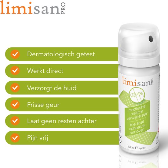 Witte spuitbus Limisan Pro Medical Adhesive Remover. Naast de bus staan groene vakjes met vinkjes en tekst: 'Dermatologisch getest', 'Werkt direct', 'Verzorgt de huid', etc.