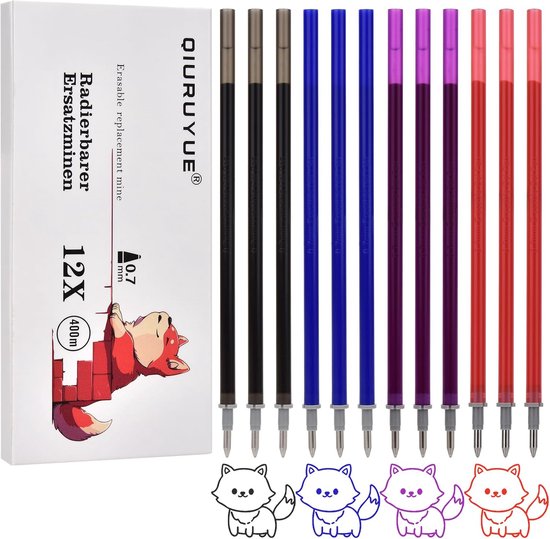 Set de 12 recharges effaçables pour stylos – Compatible Legami – 0,7 mm – 3 x Blauw, 3 x Zwart, 3 x rouge, 3 x violet – Stylos effaçables – École et bureau