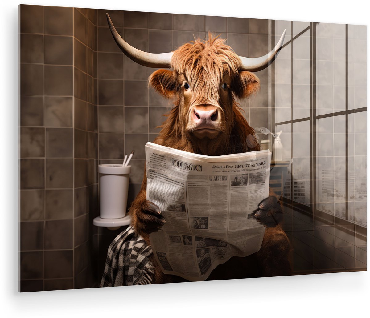 MuchoWow® Glasschilderij 60x40 cm - Schilderij acrylglas - Schotse hooglander - Krant - To