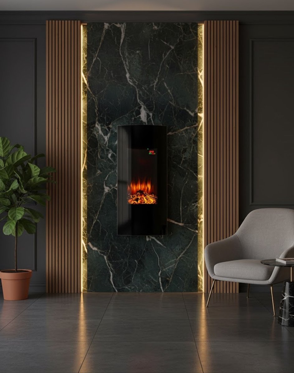 Luxe Elektrische Wandhaard 2000W – LED Vlameffect, Achtergrondverlichting, Programmeerbare Weektimer, Instelbare Thermostaat, Afstandsbediening – Design Sfeerhaard voor Woonkamer – Zwart Glas