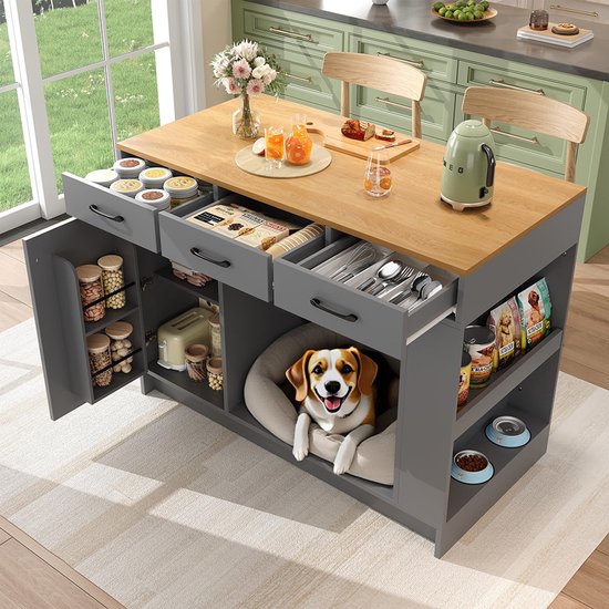Îlot de cuisine BLACKCOLORS, meuble avec 3 tiroirs, 1 étagère à épices, étagère réglable, double étagère (sans gamelle pour chien), espace de rangement spacieux pour animaux (sans coussin pour chien), 120*60*90 cm, gris