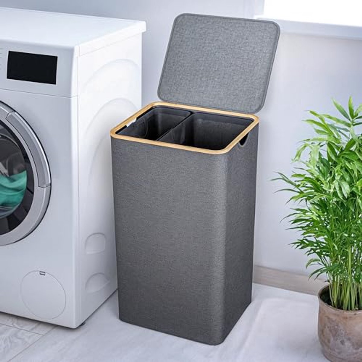Wasmand met Deksel en 2 Vakken - 100L Grijs - Smal & Hoog - Wasverzamelaar met Bamboeframe
