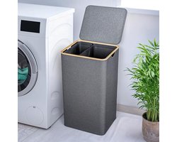 Wasmand met Deksel en 2 Vakken - 100L Grijs - Smal & Hoog - Wasverzamelaar met Bamboeframe