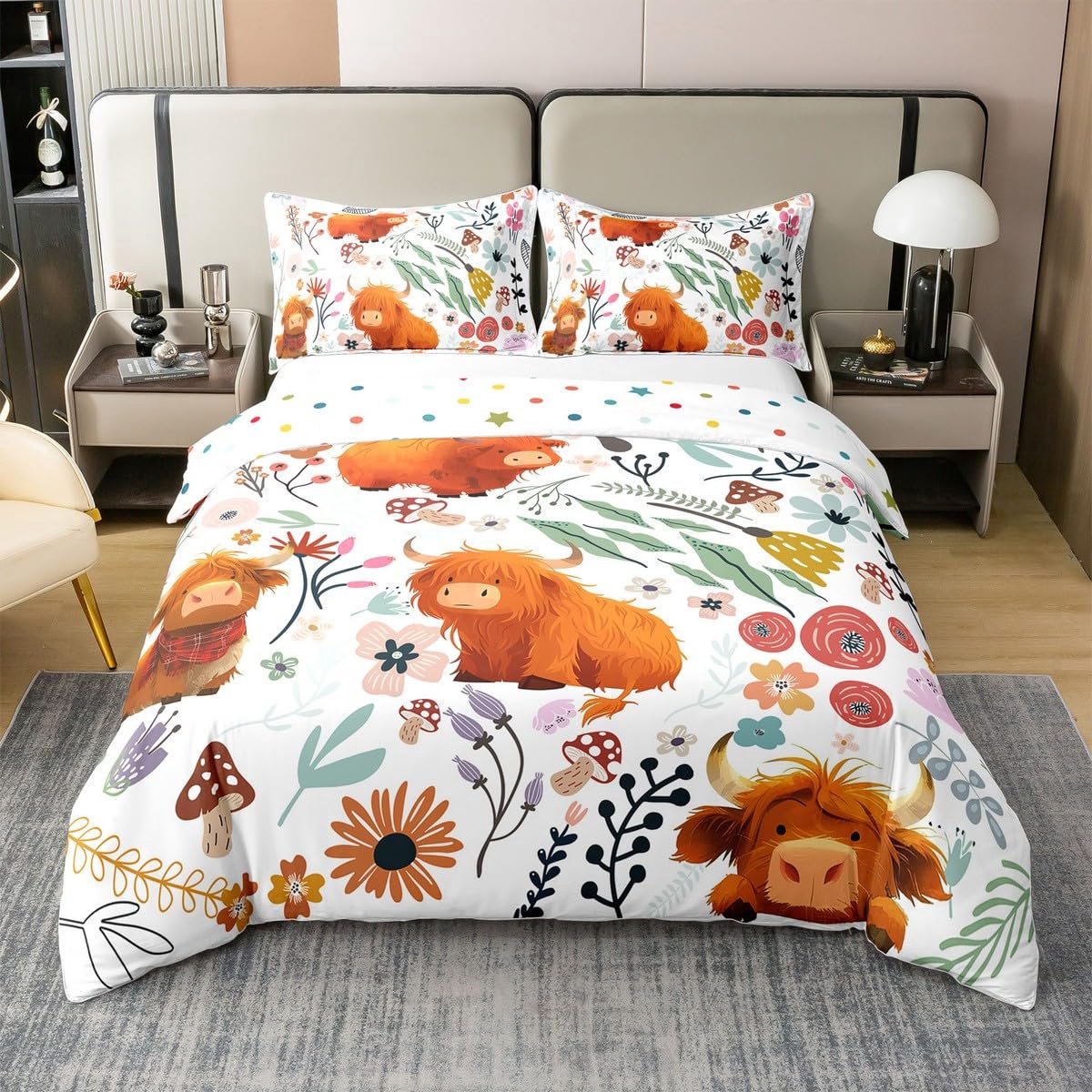 Azomor® Kinder Dekbedovertrek Set van Biologisch Katoen met Kleurrijke Bloemen en Koeienprint