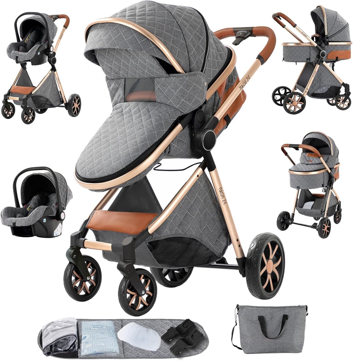 Image of 3-in-1 Kinderwagen voor Pasgeborenen met Omkeerbare Duwstang en Verstelbare Kap