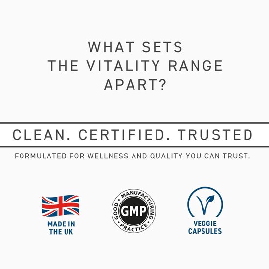 Productinformatie met Britse vlag, GMP-logo en 'Veggie Capsules'-symbool.