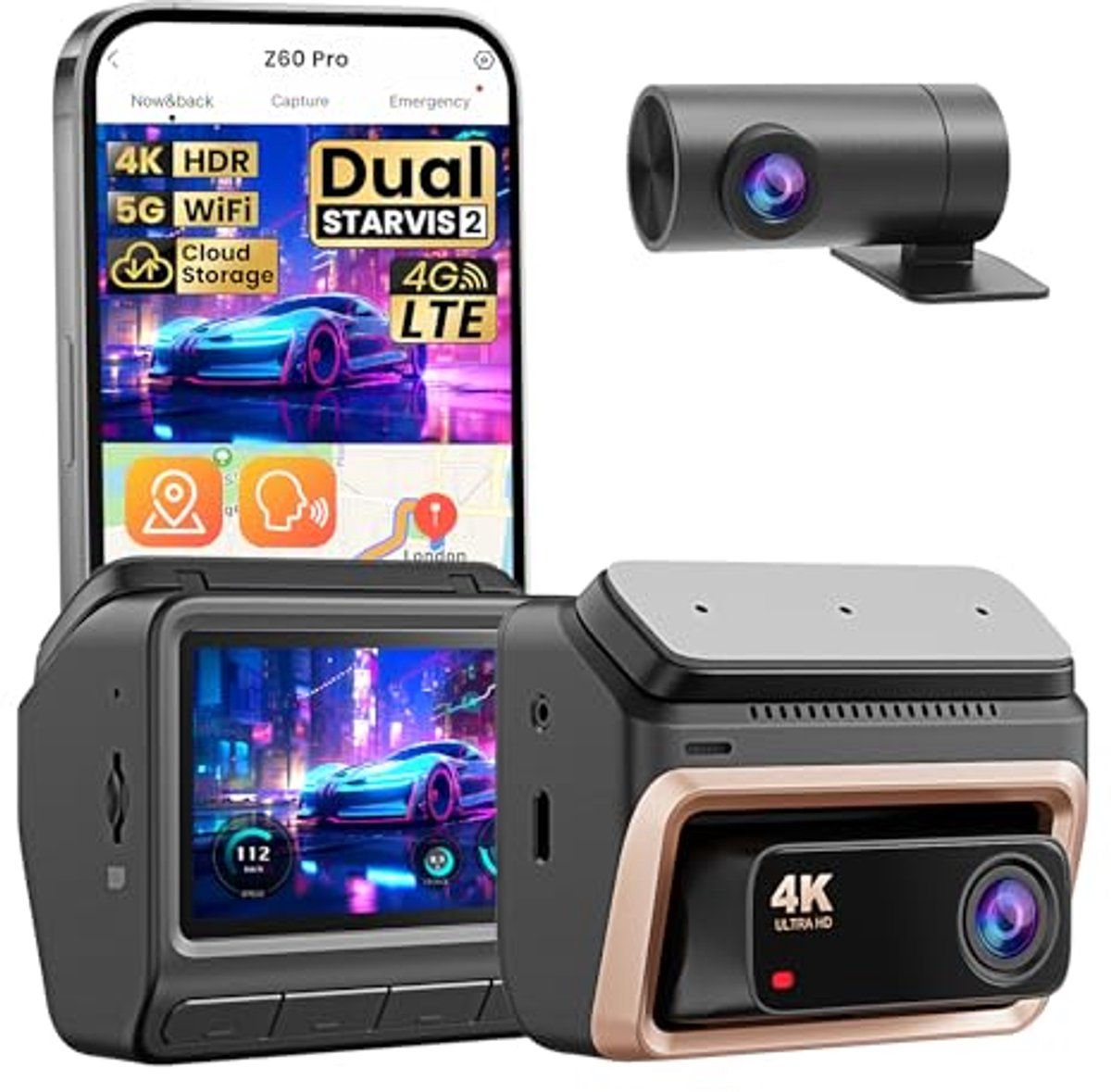 Dashcam 4K + 1080P Dual Camera met Nachtzicht en GPS Voor Auto