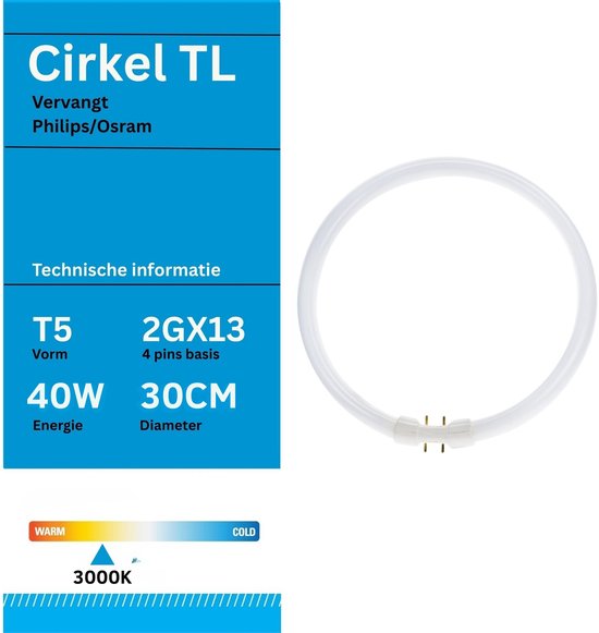 Verpakking met 'Cirkel TL' en technische informatie: T5, 40W, 2GX13, 30CM diameter, 3000K warm wit.