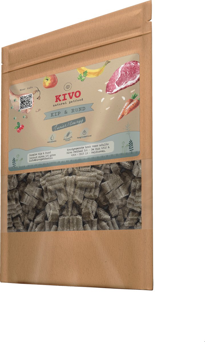 Kivo Petfood Kivo Petfood PROEFZAKJE Hondenbrokken Kip & Rund - Junior/Energy 300 gram - Koudgeperst - Glutenvrij
