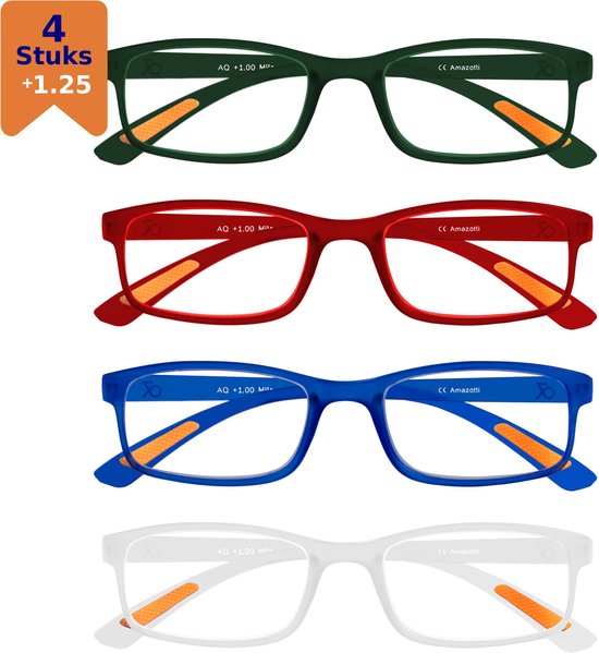 Amazotti Milano Leesbrillen +1.25 – Leesbril met sterkte – Dames en Heren – Kunststof – Groen, Rood, Blauw, Transparant – Set van 4