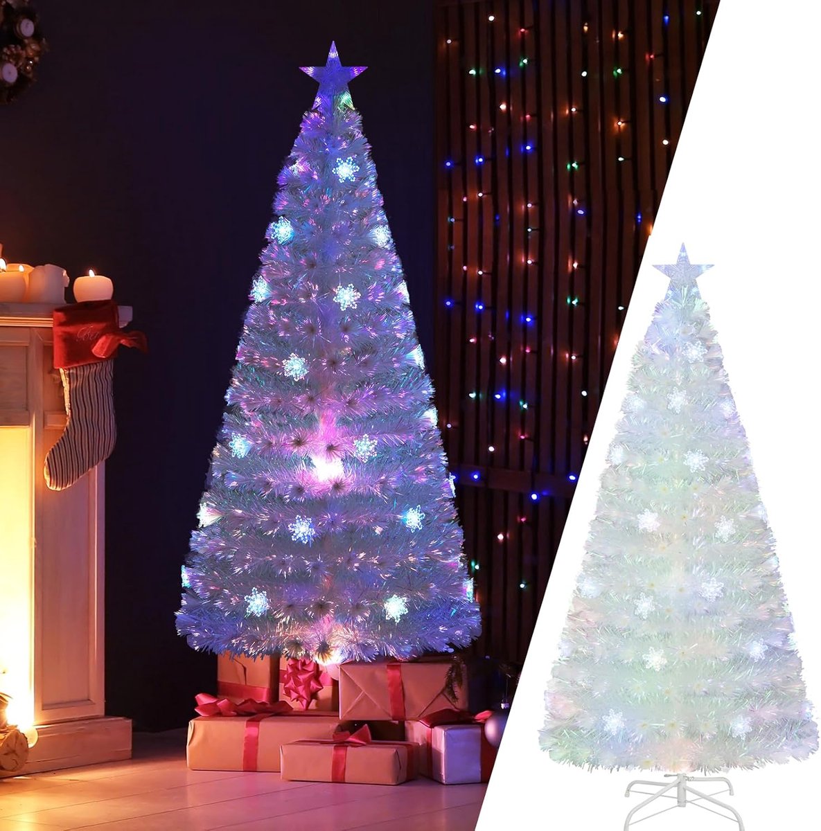 COSTWAY Kunstkerstboom met verlichting, dennenboom met kleurrijke ledlampen, glasvezel en sterpunt, kerstboom voor thuis, kantoor, winkels en hotels, wit (180 cm)