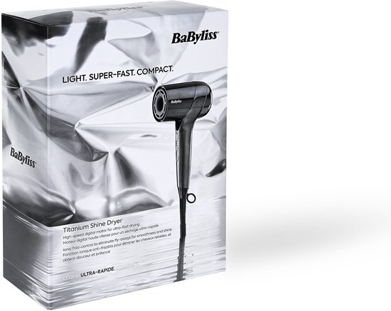 Verpakking van de BaByliss Titanium Shine föhn, met afbeelding van de föhn.