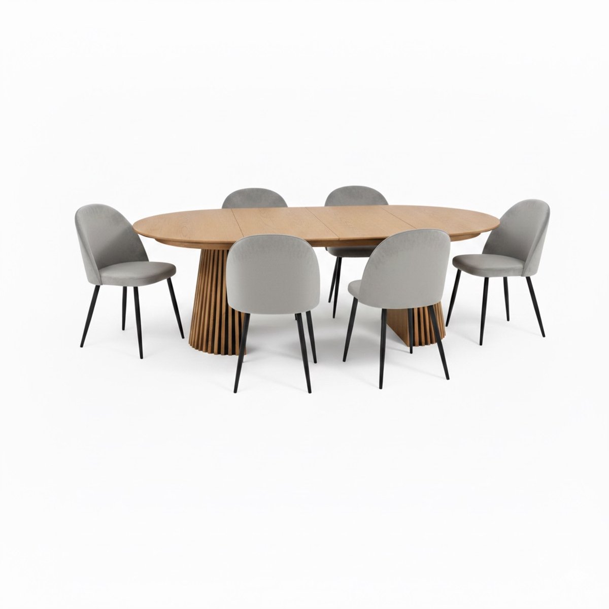 Tokyo eethoek eettafel natuur, 6 stoelen met grijze velours bekleding.