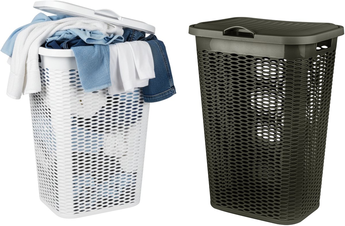 Wasmand Ventilation - met deksel - 2x - wit en bruin - 50 liter - 61 x 43 cm