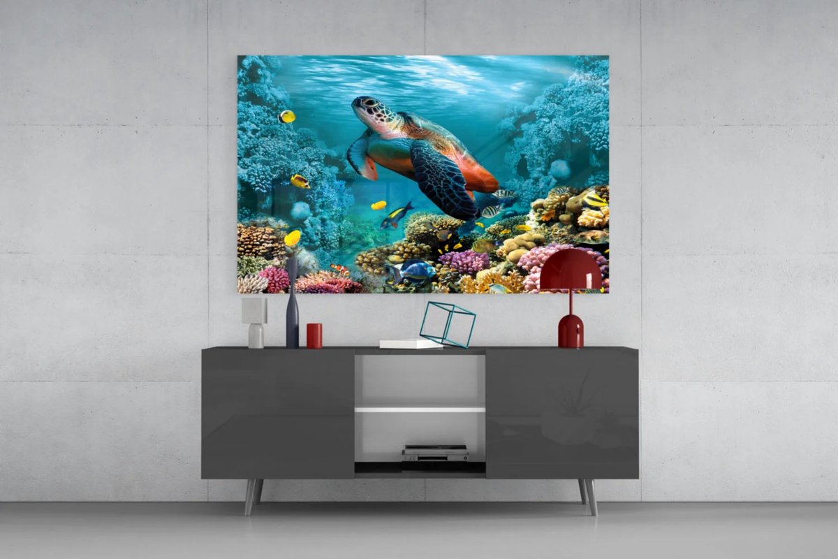 Glasschilderij – Zeeschildpad tussen Kleurrijke Koraalriffen – Onderwater Natuurdecoratie - 90x60 cm