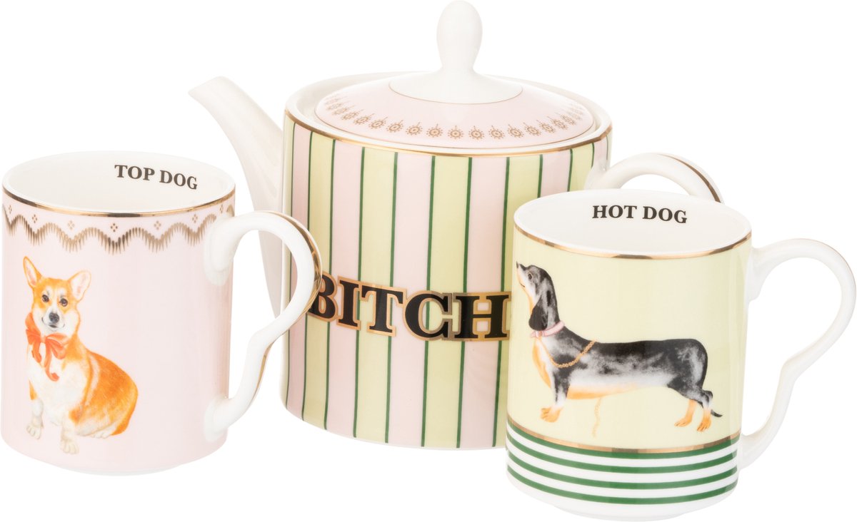 Yvonne Ellen London - Theeset porselein – theepot + 2 mokken – honden