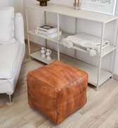 Leren poef bruin - Vierkante leren poef - 40x40x35 - Handgemaakt en stijlvol - Gevuld geleverd - Poufs&Pillows