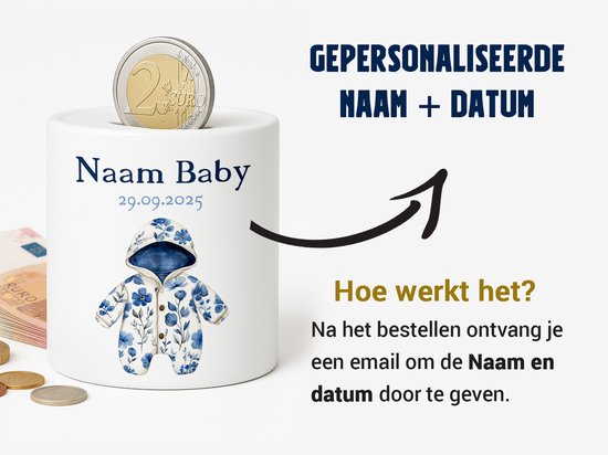 Gepersonaliseerde Baby Spaarpot - Met Naam en Geboortedatum - Blauw Rompertje van Merkloos — afbeelding 2