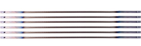 Zes metalen figuurzaagjes met tanden, 135mm lang, 25TPI.