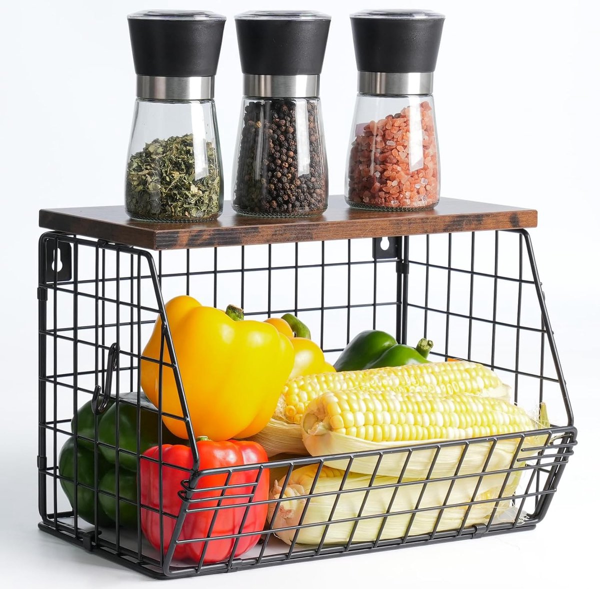 Fruitmand voor aan de muur (30*15,5*21,6 cm), stapelbare fruitmand voor aan de muur, groenteplank voor in de keuken, metalen fruitmand, zwart