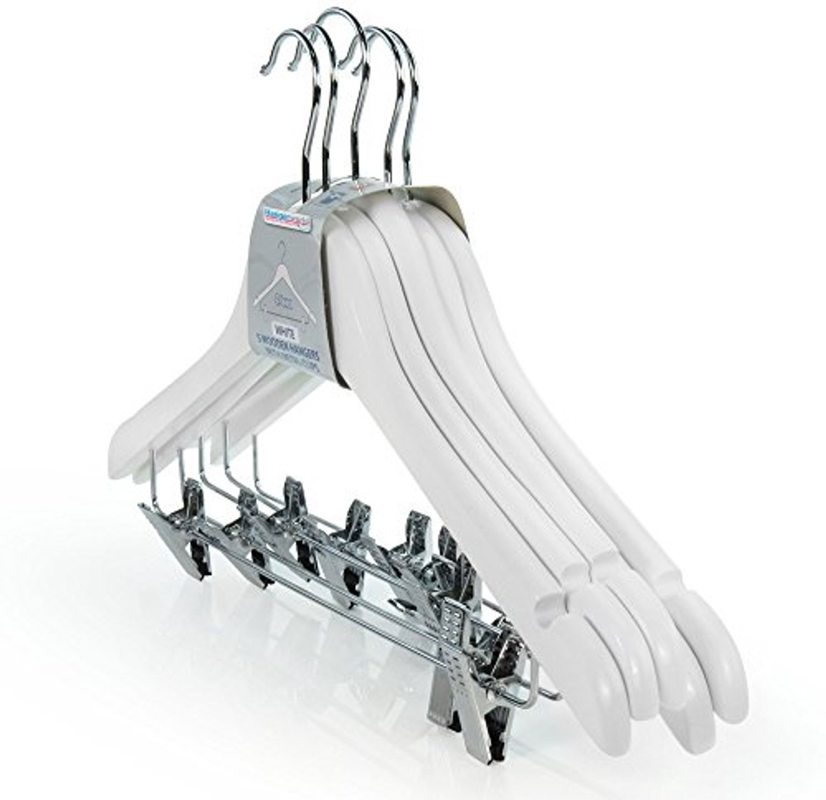 10 Witte Clip-Kleerhangers 45 cm - Houten Hangers met Klemmen