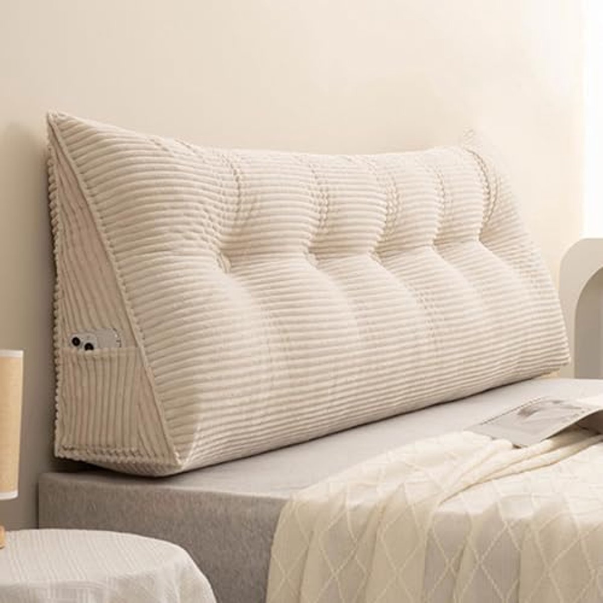 Driehoekig Wigkussen voor Rug- en Nekondersteuning – Wasbaar Leeskussen 80 x 50 x 20 cm, Beige