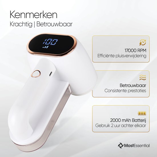 Wit pluizenverwijderaar met gouden accenten, digitaal display en 17000 RPM motor. Inclusief 2000 mAh batterij.
