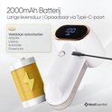 Wit en goudkleurig apparaat met XL batterij-indicator en Type-C oplaadpoort. Batterij symbool met 2000 mAh.