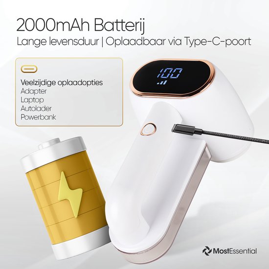 Wit en goudkleurig apparaat met XL batterij-indicator en Type-C oplaadpoort. Batterij symbool met 2000 mAh.