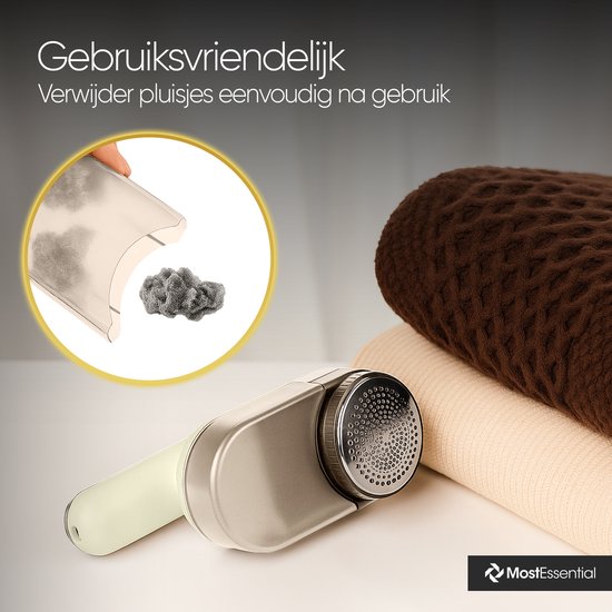 Beige pluizenverwijderaar met een rond draadgaas, verwijdert pluisjes effectief.