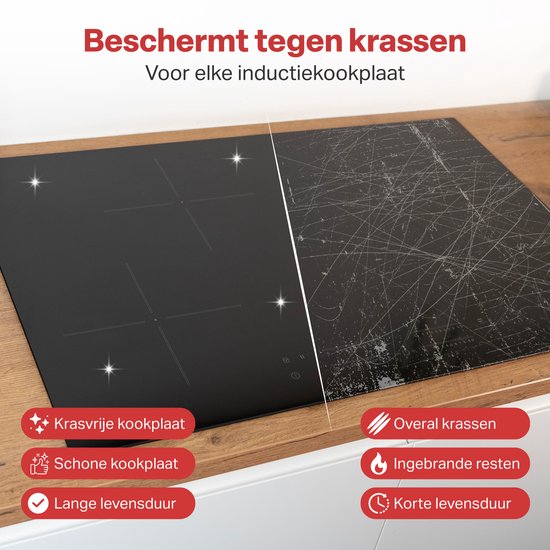 Vergelijking van een schone inductiekookplaat met een krasvrije inductiebeschermer en een beschadigde inductiekookplaat.