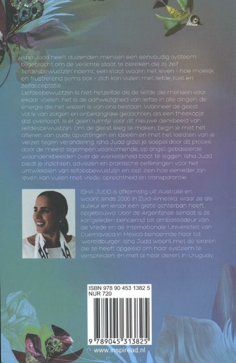 Achterkant van het boek 'Lovefulness' met tekst over de auteur en het boek, en een foto van Isha Judd.