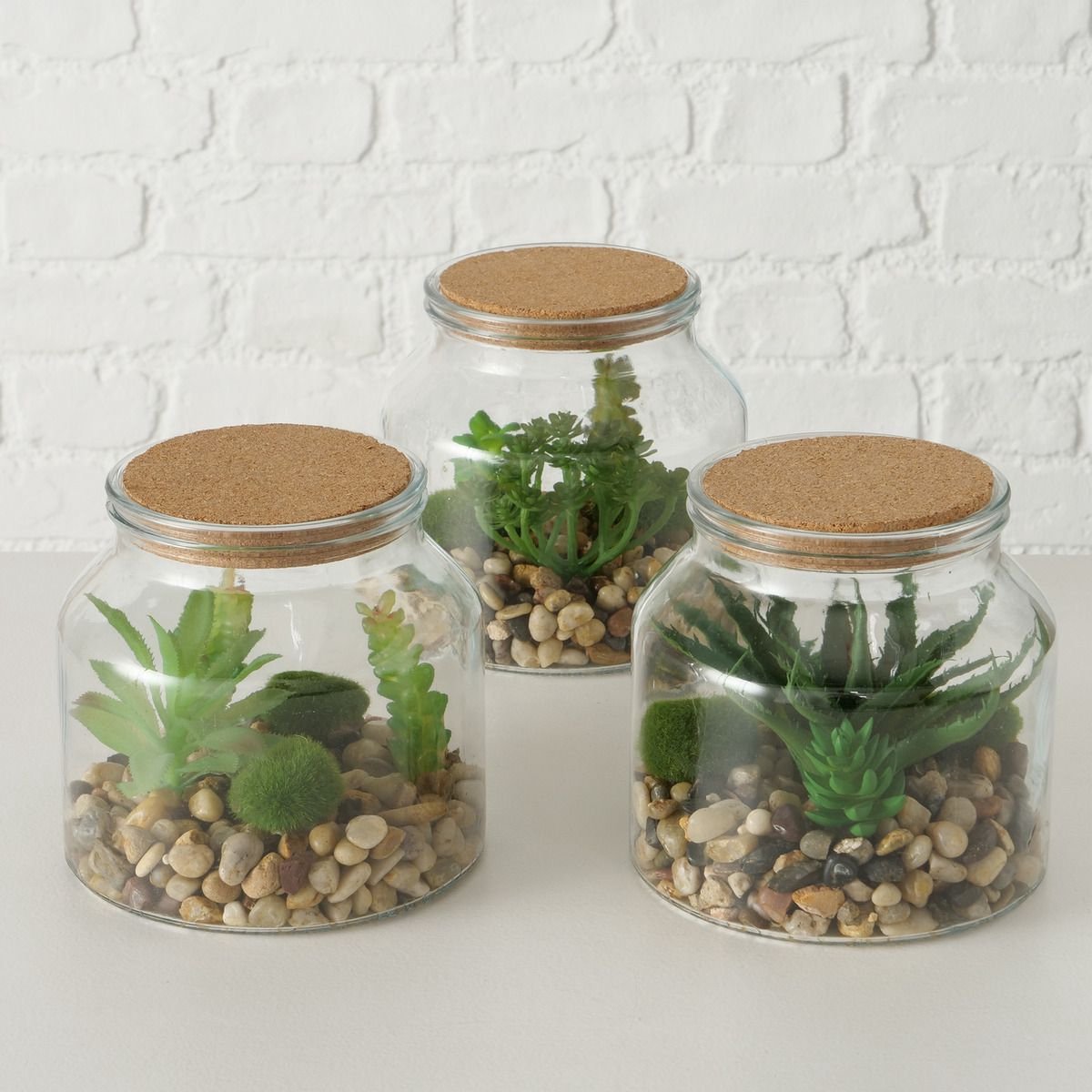 Plantus – Kunstplant in Glazen Pot met Kurkdeksel – 3 Assorti – H17 cm – Terrarium Decoratie – Willekeurige Soort