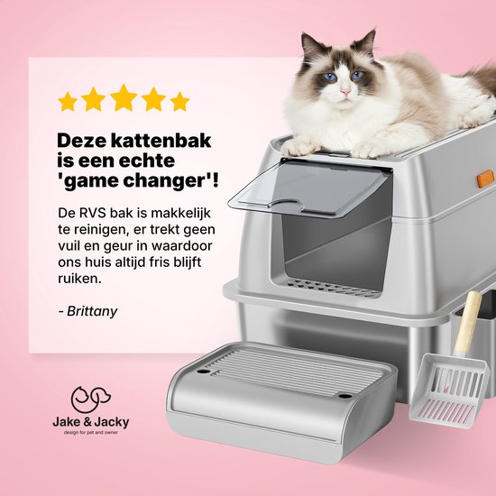 Jake and Jacky RVS Kattenbak - Kattentoilet Roestvrijstaal - Incl. Kattenbakschep met Houder en Gritopvang Opstapje - 2 in 1 Open Kattenbak met Afneembare Deksel - 60x40x38cm - Grijs