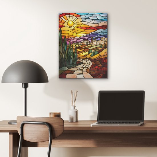 Akoestisch wandpaneel 30x40 cm - Vilt schilderij Mozaïek - Zon - Landschap - Dorp - Akoestische panelen - Geluidsdempende wanddecoratie - Geluidsisolatie woonkamer - Muurdecoratie geluidspanelen