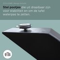 Verstelbare poot van een mangohouten tafel met een schroefmechanisme.